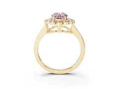 Fancy Pink Oval Cut Diamond Halo Cluster Engagement Ring Set in Yellow gold with Solitaire Band and Prong Setting