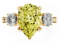 Fancy Yellow Pear Cut Diamond Three-Stone Ring Set in Yellow gold with Pavé Band and Smaller Side Stones