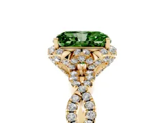 Fancy Green Radiant Cut Diamond Halo Twist Band Solitaire Ring Set in Yellow gold with Prong-Set Center Stone
