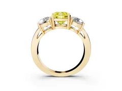 Fancy Yellow Cushion Cut Diamond Three-Stone Ring Set in Yellow gold with Round Side Stones and Classic Band