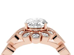 Oval Cut Diamond Solitaire Ring Set in Rose gold with Milgrain Pavé Heart Band