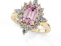 Fancy Pink Emerald Cut Diamond Cluster Halo Ring Set in Yellow gold with Marquise and Round Accents