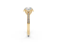 Cushion Cut Diamond Halo Ring Set in Yellow gold with Channel Set Band and Prong Setting