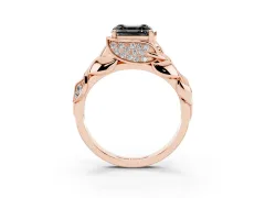 Fancy Black Asscher Cut Diamond Leaf-Inspired Engagement Ring Set in Rose gold with Round Accents