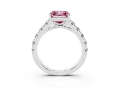 Fancy Pink Asscher Cut Diamond Solitaire Ring Set in Platinum with Cut-Down Micro Pavé Band and Prong Setting