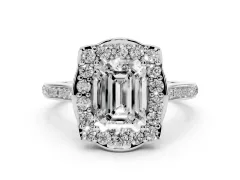 Emerald Cut Diamond Halo Ring Set in Silver with Pavé-Lined Shoulders and Prong Setting