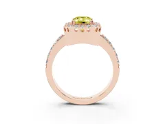 Fancy Yellow Emerald Cut Diamond Halo Ring Set in Rose gold with Pavé Shank and Prong Setting