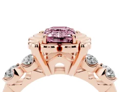 Fancy Pink Emerald Cut Diamond Floral Halo Ring Set in Rose gold with Shared Prong Band