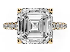 Asscher Cut Diamond Solitaire Ring Set in Yellow gold with Brilliant Pavé Band and Prong Setting