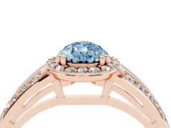 Fancy Blue Pear Cut Diamond Halo Ring Set in Rose gold with Double Pavé Split Shank