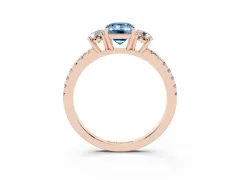 Fancy Blue Emerald Cut Diamond Three-Stone Ring Set in Rose gold with Pavé Band and Graduated Sides