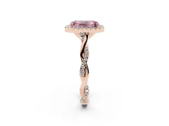 Fancy Pink Emerald Cut Diamond Halo Twist Band Solitaire Ring Set in Rose gold with Prong Setting
