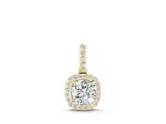 Cushion Diamond Halo Pendant Set in Yellow gold with Prong-Set Center