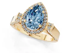 Fancy Blue Pear Cut Diamond Halo Ring Set in Yellow gold with Pavé-Lined Split Shank Band