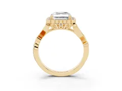 Asscher Cut Diamond Halo Ring Set in Yellow gold with Leaf Motif Split Shank and Prong Setting