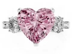 Fancy Pink Heart Cut Diamond Three-Stone Ring Set in White gold with Pavé Band and Smaller Side Stones