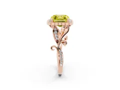 Fancy Yellow Asscher Cut Diamond Halo Ring Set in Rose gold with Leaf Motif Split Shank and Prong Setting