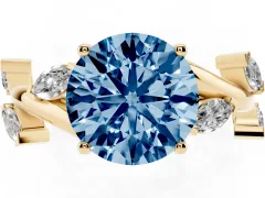Fancy Blue Round Cut Diamond Solitaire Ring Set in Yellow gold with Twisted Marquise Accent Band