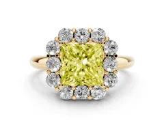 Fancy Yellow Princess Cut Diamond Milgrain Halo Solitaire Ring Set in Yellow gold with Bezel Set Side Stones and Pavé Band