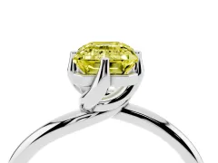 Fancy Yellow Emerald Cut Diamond Solitaire Engagement Ring Set in White gold with Classic Plain Band