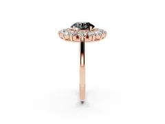 Fancy Black Round Cut Diamond Floral Double Halo Ring Set in Rose gold with Round Petals