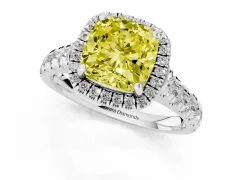 Fancy Yellow Cushion Cut Diamond Halo Engagement Ring Set in Platinum with Pavé Band and Prong-Set Center
