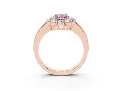 Fancy Pink Oval Cut Diamond Halo Pavé Engagement Ring Set in Rose gold with Milgrain Detailing