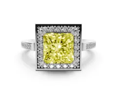 Fancy Yellow Princess Cut Diamond Halo Ring Set in White gold with Accent-Lined Split Shank and Prong Setting