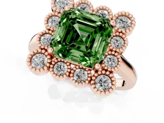 Fancy Green Asscher Cut Diamond Cluster Halo Ring Set in Rose gold with Milgrain Bezel Accents and Plain Band