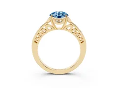 Fancy Blue Round Cut Diamond Halo Ring Set in Yellow gold with Channel Set Band and Prong Setting