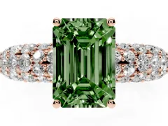 Fancy Green Emerald Cut Diamond Pavé Band Solitaire Ring Set in Rose gold with Close-Set Accent Stones and Prong Setting