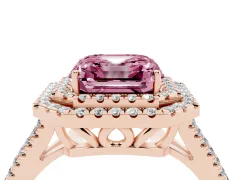 Fancy Pink Asscher Cut Diamond Double Halo Ring Set in Rose gold with Pavé Band