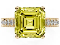 Fancy Yellow Asscher Cut Diamond Solitaire Ring Set in Yellow gold with Milgrain-Edged Pavé Band and Prong Setting