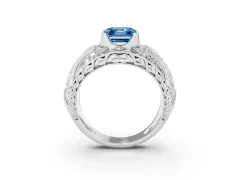 Fancy Blue Asscher Cut Diamond Art Deco Ring Set in Silver with Pavé Split Shank