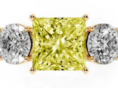 Fancy Yellow Princess Cut Diamond Three-Stone Ring Set in Yellow gold with Round Side Stones and Classic Band