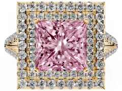 Fancy Pink Princess Cut Diamond Double Halo Ring Set in Yellow gold with Pavé Band
