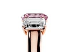 Fancy Pink Emerald Cut Diamond Three-Stone Ring Set in Rose gold with Plain Polished Band