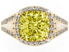 Fancy Yellow Cushion Cut Diamond Halo Split Shank Pavé Ring Set in Yellow gold with Prong Setting