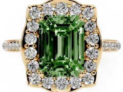 Fancy Green Emerald Cut Diamond Halo Ring Set in Yellow gold with Pavé-Lined Shoulders and Prong Setting