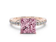 Fancy Pink Princess Cut Diamond Pavé Solitaire Engagement Ring Set in Rose gold with Prong Setting