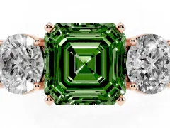 Fancy Green Asscher Cut Diamond Three-Stone Ring Set in Rose gold with Round Side Stones and Classic Band