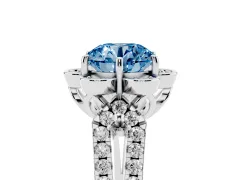 Fancy Blue Round Cut Diamond Floral Halo Split Shank Engagement Ring Set in Platinum with Pavé Shank
