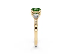 Fancy Green Cushion Cut Diamond Three-Stone Ring Set in Yellow gold with Pavé Band and Smaller Side Stones