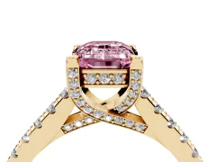 Fancy Pink Emerald Cut Diamond Solitaire Ring Set in Yellow gold with Brilliant Pavé Band and Prong Setting