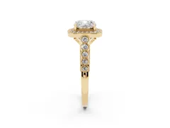 Cushion Cut Diamond Milgrain Halo Solitaire Ring Set in Yellow gold with Bezel Set Side Stones and Pavé Band