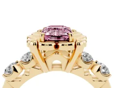Fancy Pink Emerald Cut Diamond Floral Halo Ring Set in Yellow gold with Shared Prong Band