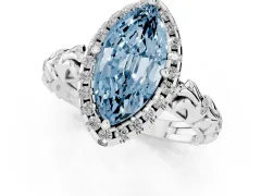 Fancy Blue Marquise Cut Diamond Halo Ring Set in White gold with Filigree Leaf Band and Prong Setting