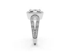 Emerald Cut Diamond Halo Ring Set in White gold with Milgrain Accent Split Shank