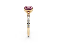 Fancy Pink Asscher Cut Diamond Solitaire Engagement Ring Set in Yellow gold with Round Pavé Band and Prong Setting