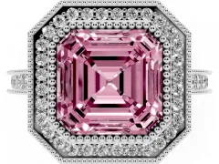 Fancy Pink Asscher Cut Diamond Halo Milgrain Pavé Band Ring Set in White gold with Prong Setting